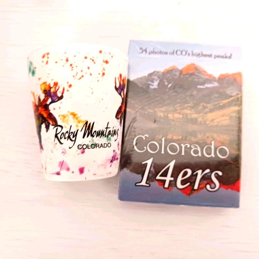 Rocky Mountain Colorado Shot Glass + Colorado 14 ERS Playing Cards-Lot 2 Items